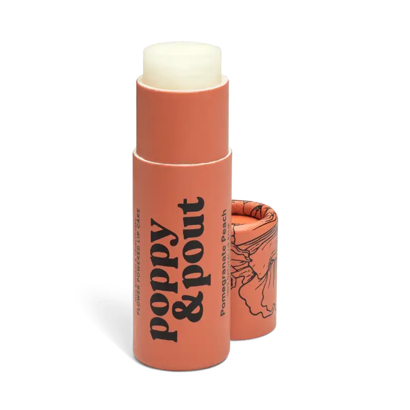 Lip balm stick with 'Poppy & Pout' branding on a white background