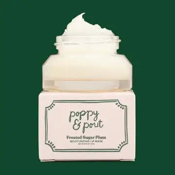 Jar of whipped cream with 'Poppy & Port' branding on a green background