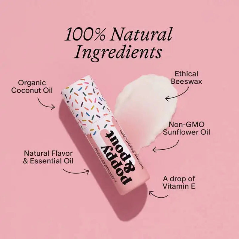 Product packaging with natural ingredients listed on a pink background