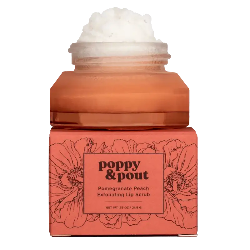 Lip scrub jar with floral design and 'Poppy & Pout' branding on a white background