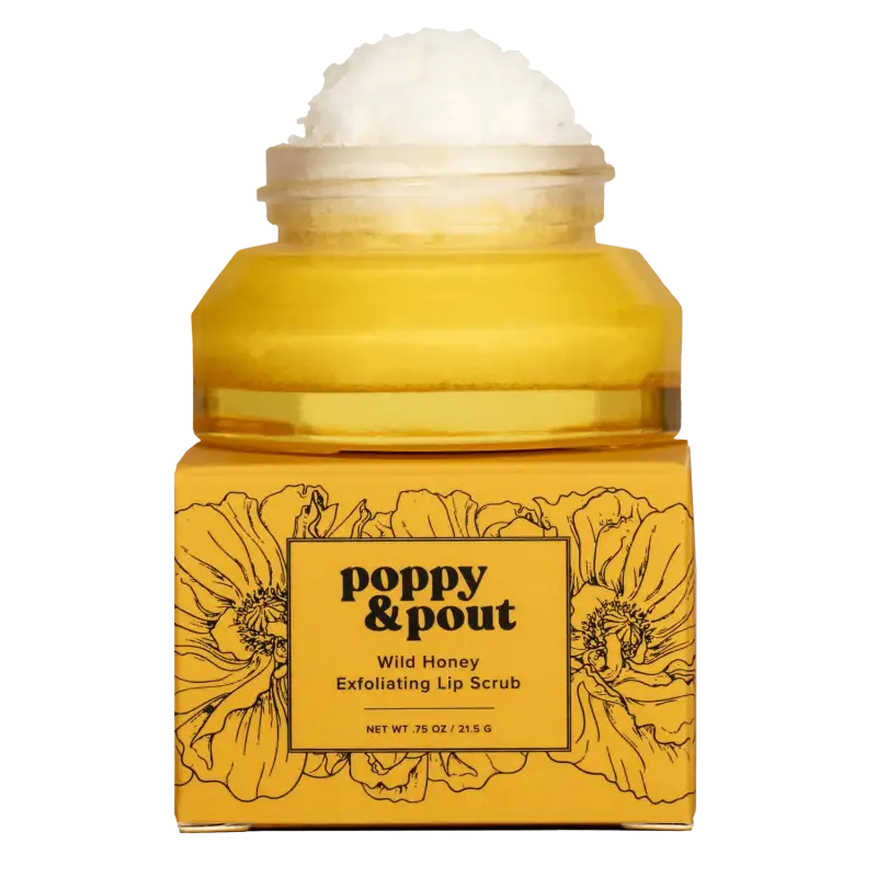 Yellow jar of Poppy & Pout Wild Honey Exfoliating Lip Scrub on a white background