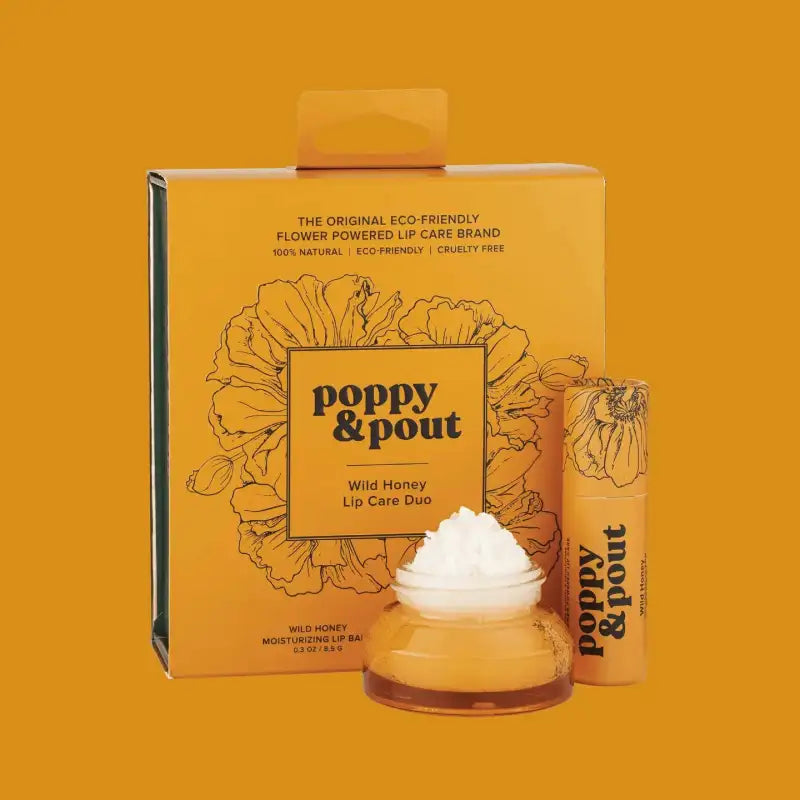 Poppy & Pout lip care products on an orange background
