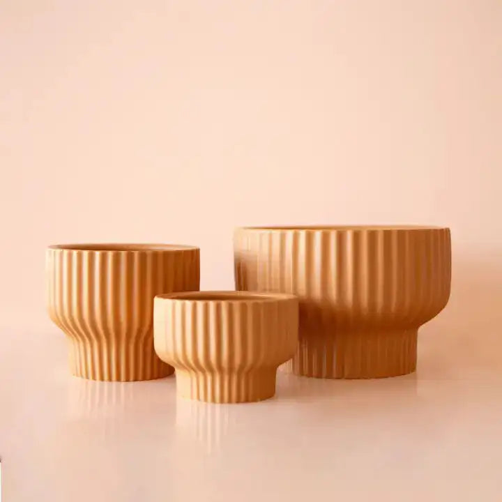 Three ginger planters with ribbed texture on a beige background