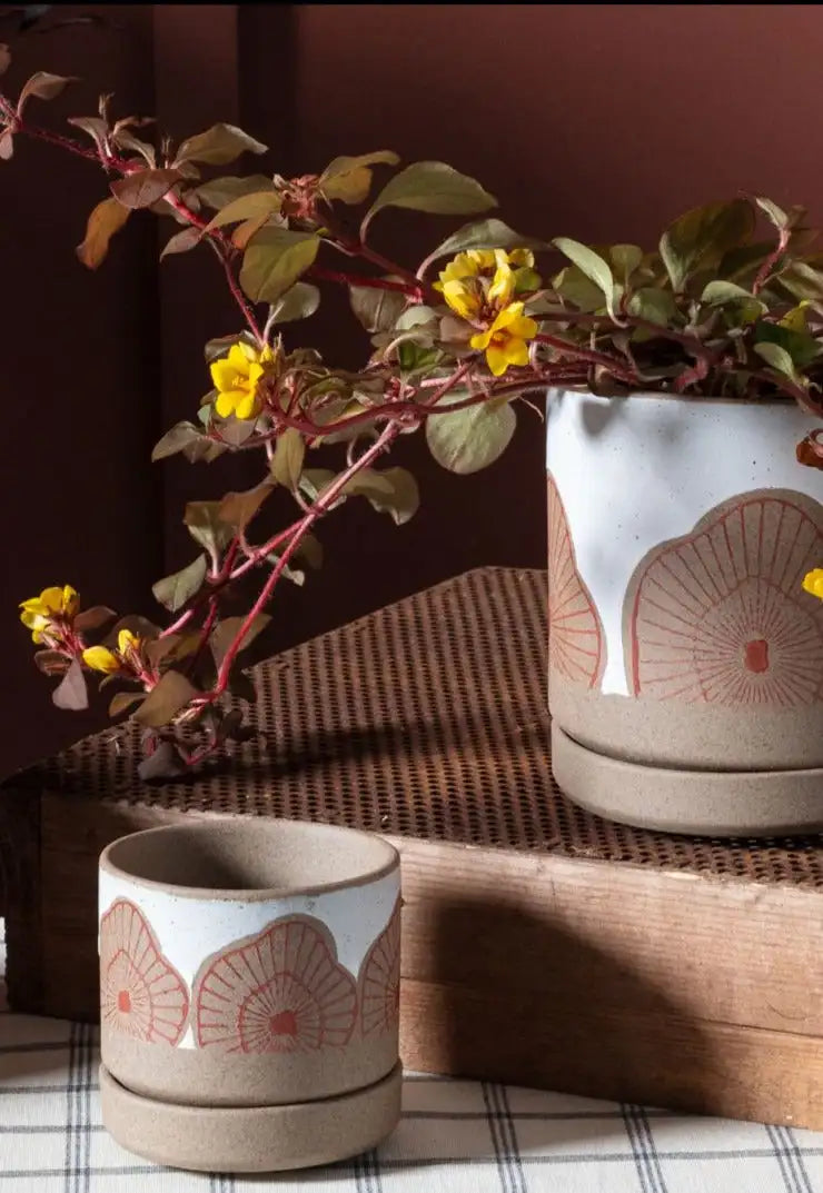 Two ceramic planters with floral patterns on a wooden surface with a plant and yellow flowers.