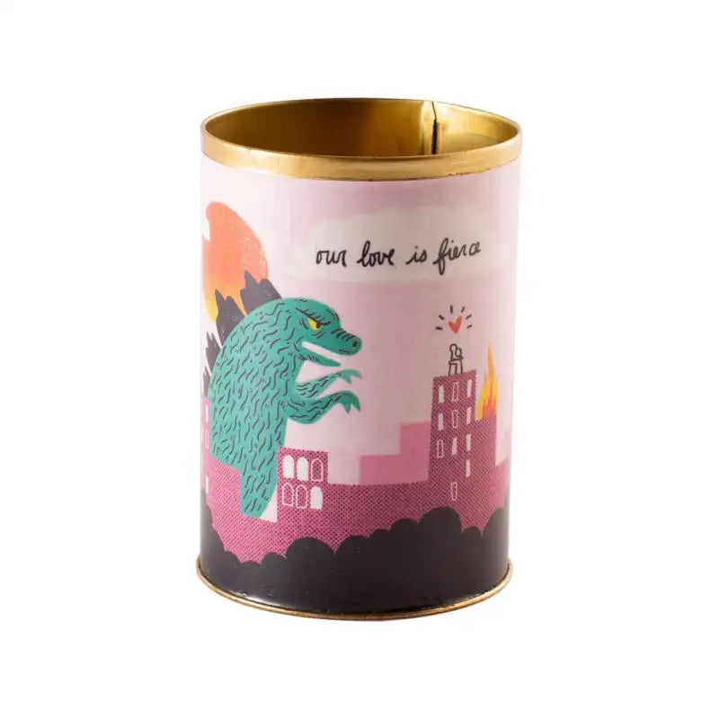 Decorative tin can with a dinosaur illustration and text on a white background. Punny Can | Pots & Planters - Lizzie Bee's Flower Shoppe