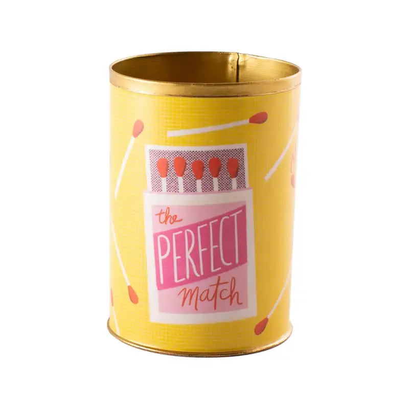 Yellow matchbox canister with 'The Perfect Match' text on a white background. Punny Can | Pots & Planters - Lizzie Bee's Flower Shoppe