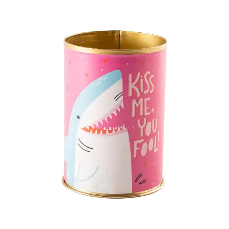 Pink cylindrical container with a shark illustration and text on a white background. Punny Can | Pots & Planters - Lizzie Bee's Flower Shoppe