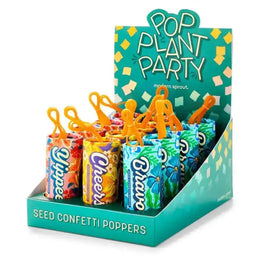 Display of 'Pop Plant Party' seed confetti poppers with colorful packaging and orange plant figures.