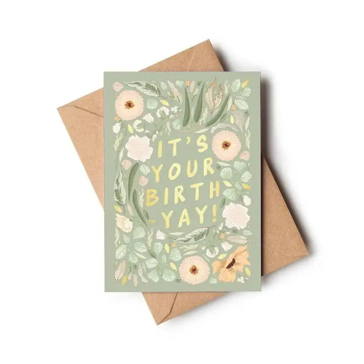 Birthday card with floral design and envelope on a white background