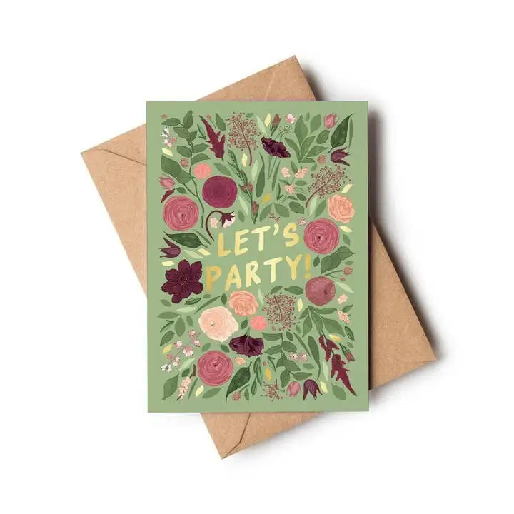 Greeting card with floral design and 'Let's Party!' text on a green background, with a brown envelope.