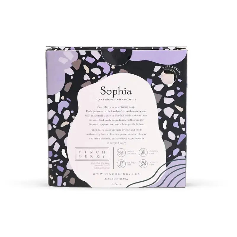 Packaging of Finch Berry soap with 'Sophia' branding on a white background