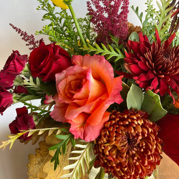 Colorful bouquet of flowers including roses and asters on a white background