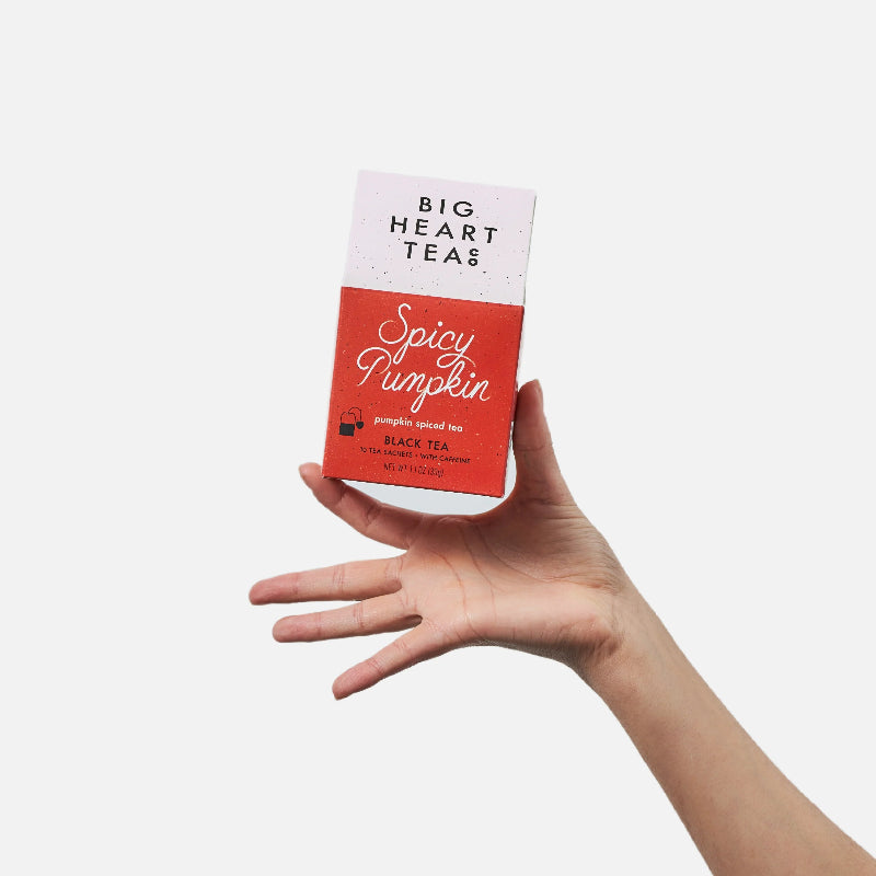 Hand holding a box of Big Heart Teas Spicy Pumpkin tea against a white background