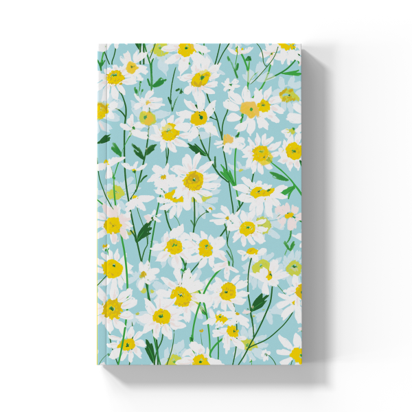 journal cover filled with white daisies on a light blue background