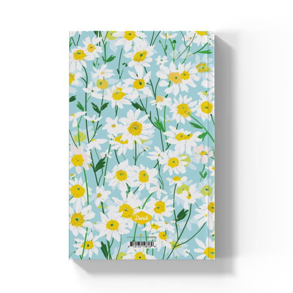 back cover of journal with white daisies and light blue background