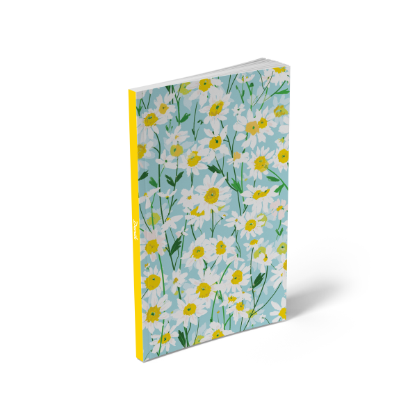 journal notebook cover with white daisies on light blue background