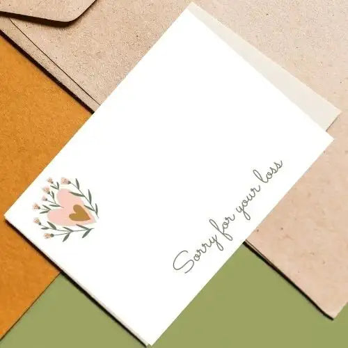Card with 'Sorry for your loss' text and floral design on a colorful background