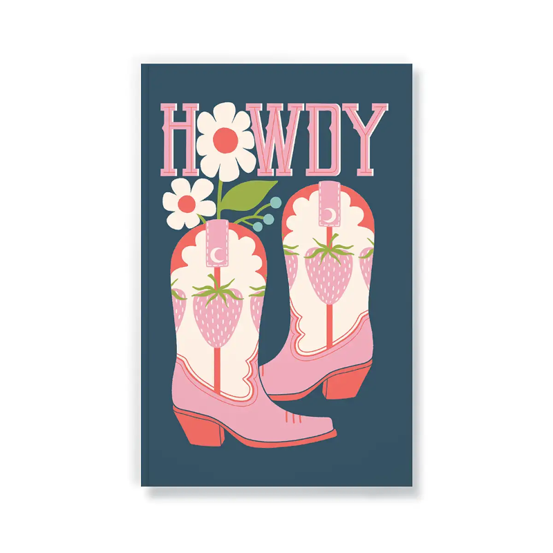Card with pink cowboy boots, flowers, and 'Howdy' text on a blue background