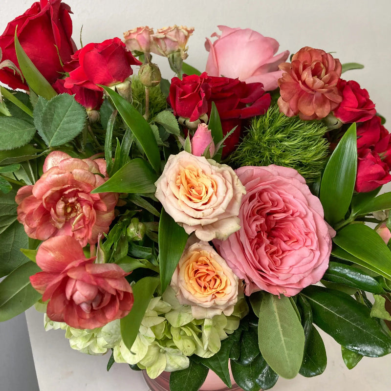 Bouquet of red, pink, and green flowers with green leaves on a light background