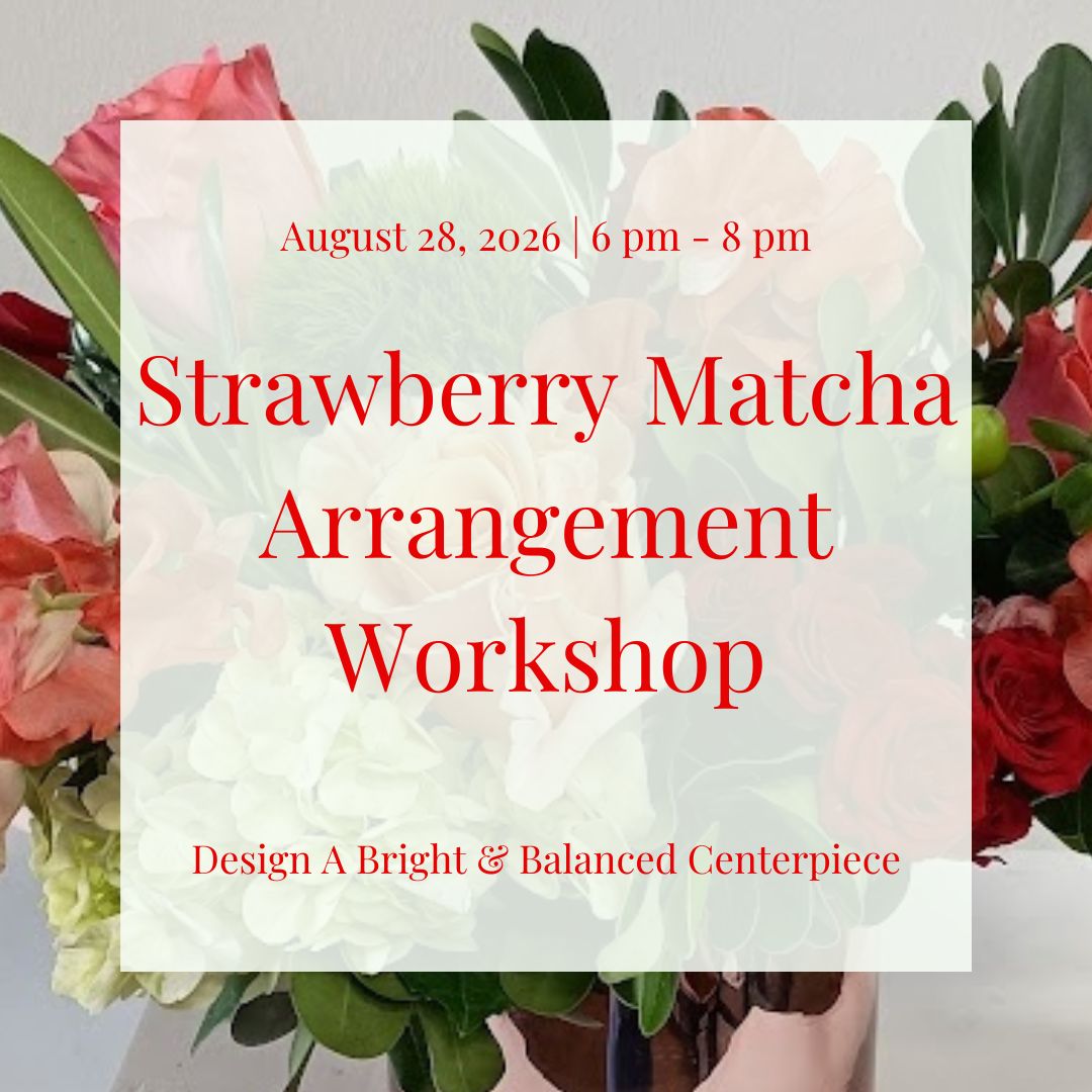 Bright floral arrangement in red and pink flowers with vibrant green accents inspired by a strawberry matcha color palette