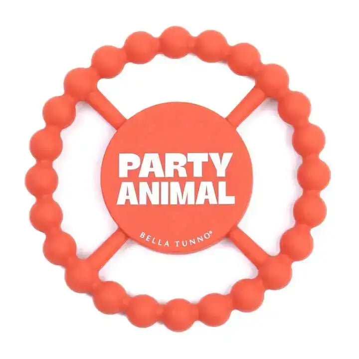 Orange teething ring with 'Party Animal' text and Bella Tunno logo on a white background
