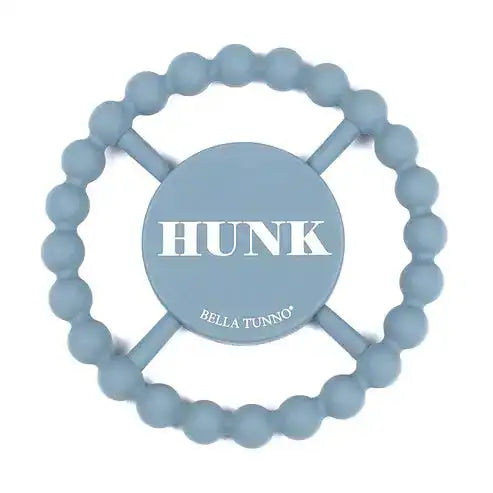 Blue teething ring with 'HUNK' and 'Bella Tunno' branding on a white background