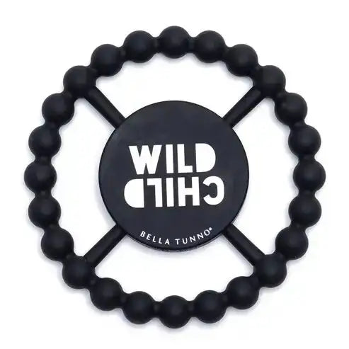 Black teething ring with 'Wild Child' and 'Bella Tunno' branding on a white background