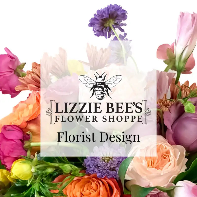 Lizzie Bee's Flower Shoppe logo with colorful flowers in the background