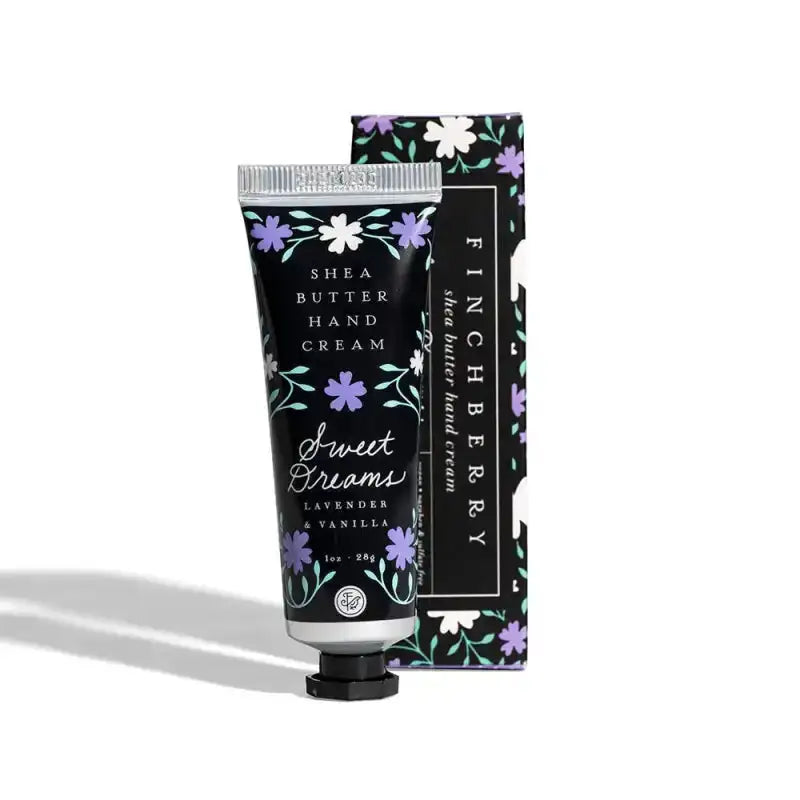 Shea butter hand cream with floral design and 'Finchberry' branding on a white background