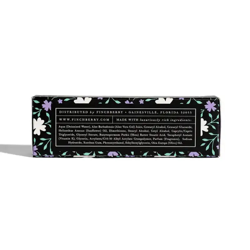 Product packaging with floral design and text on a white background