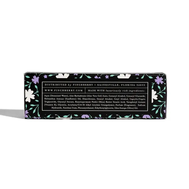 Product packaging with floral designs and text on a white background