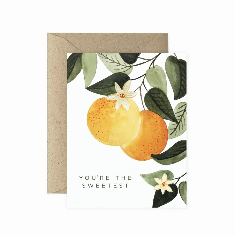 Greeting card with oranges and leaves on a white background