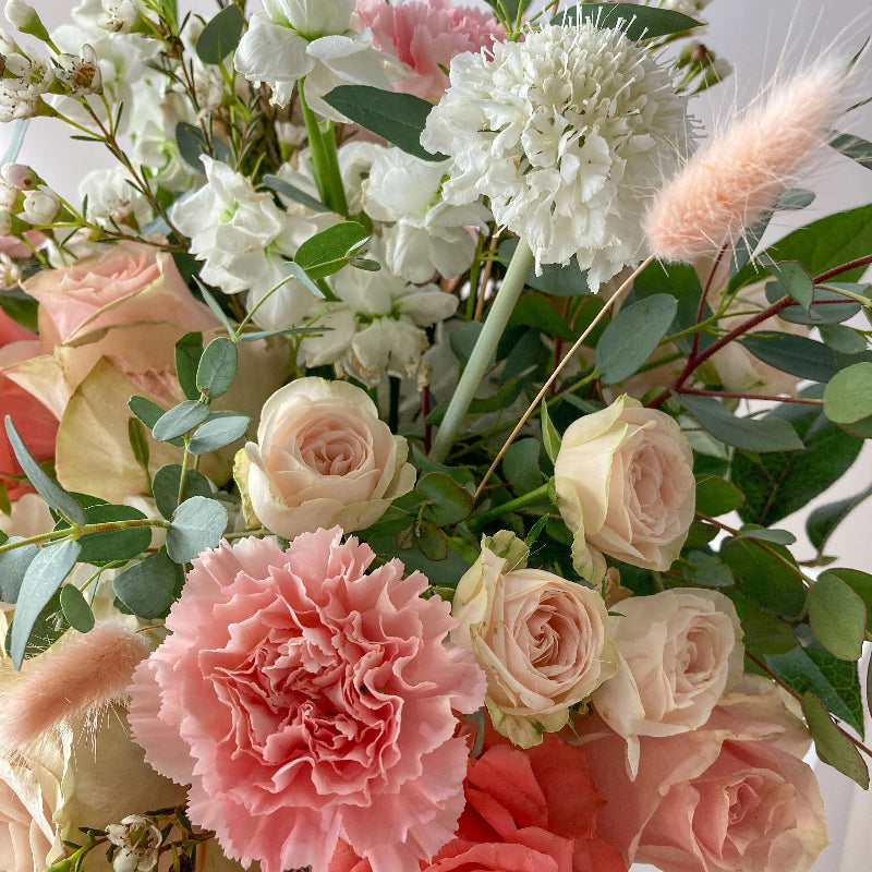 Bouquet of flowers with pink, white, and green colors on a light background