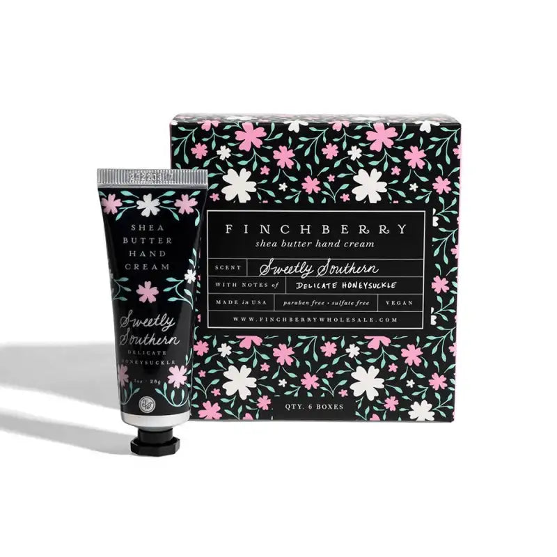 Finchberry shea butter hand cream with floral packaging on a white background