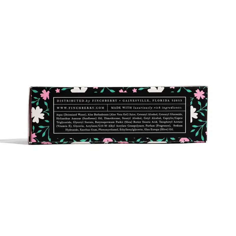 Product packaging with floral design and text on a white background