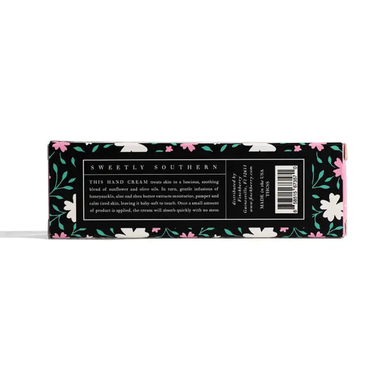 Hand cream packaging with floral design and 'Sweetly Southern' branding on a white background