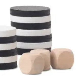 Black and white striped cylindrical container with beige wooden blocks on a white background