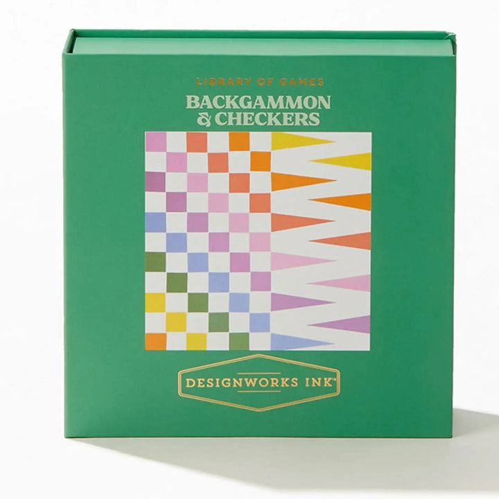 Green box of backgammon and checkers game with colorful pattern on a white background
