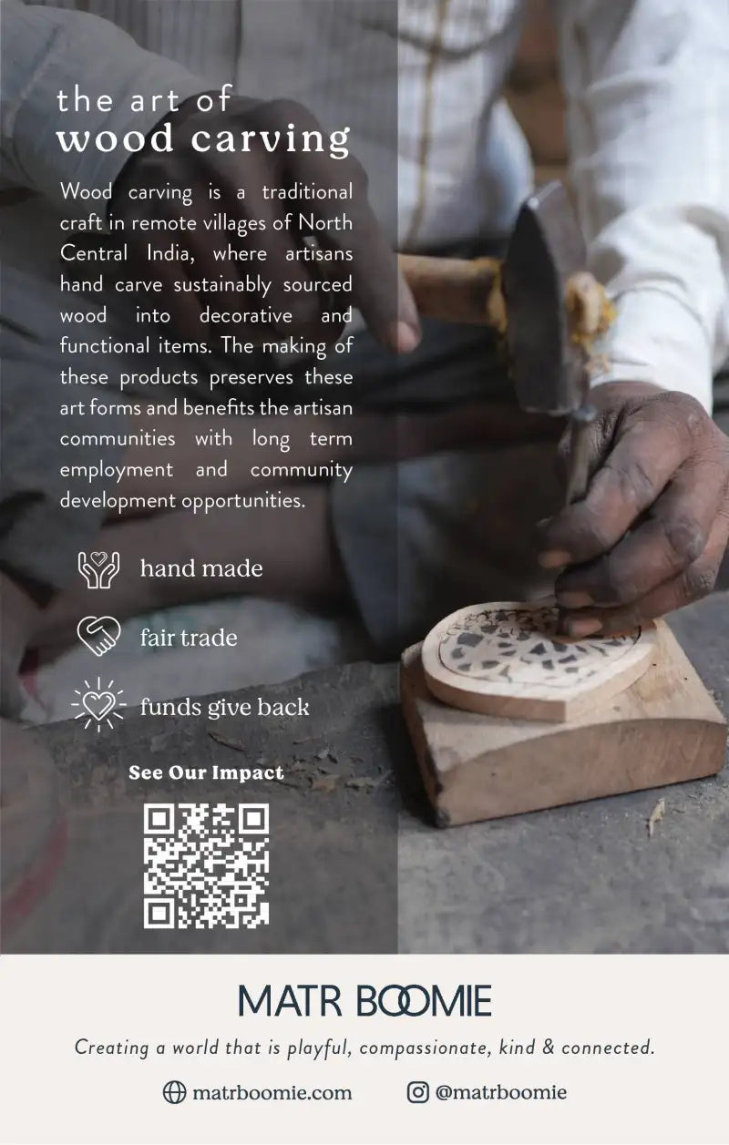 Person working with wood and text about wood carving and fair trade practices, with Matr Boomie branding.
