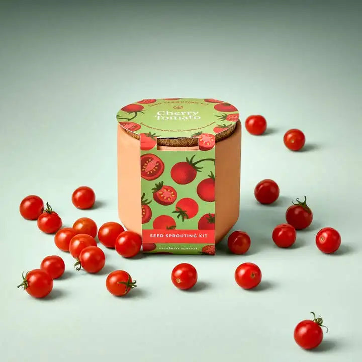 Seed sprouting kit with cherry tomato design surrounded by small red tomatoes on a light green background