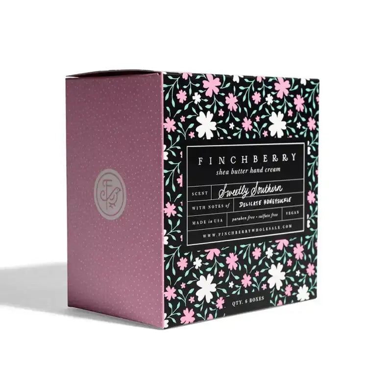 Finchberry shea butter hand cream packaging with floral design on a white background