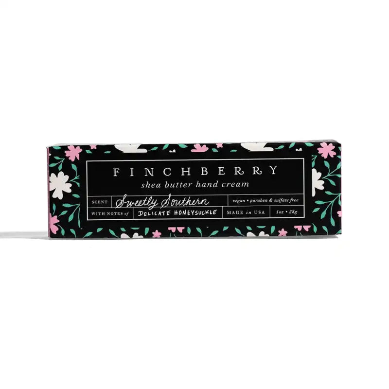 Finchberry shea butter hand cream packaging with floral design on a white background