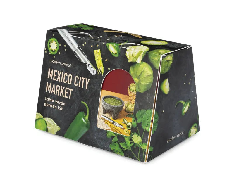 Garden kit packaging with green vegetables and kitchen tools on a black background