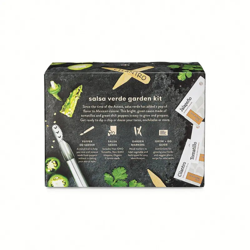 Salsa verde garden kit packaging with text and graphics on a white background