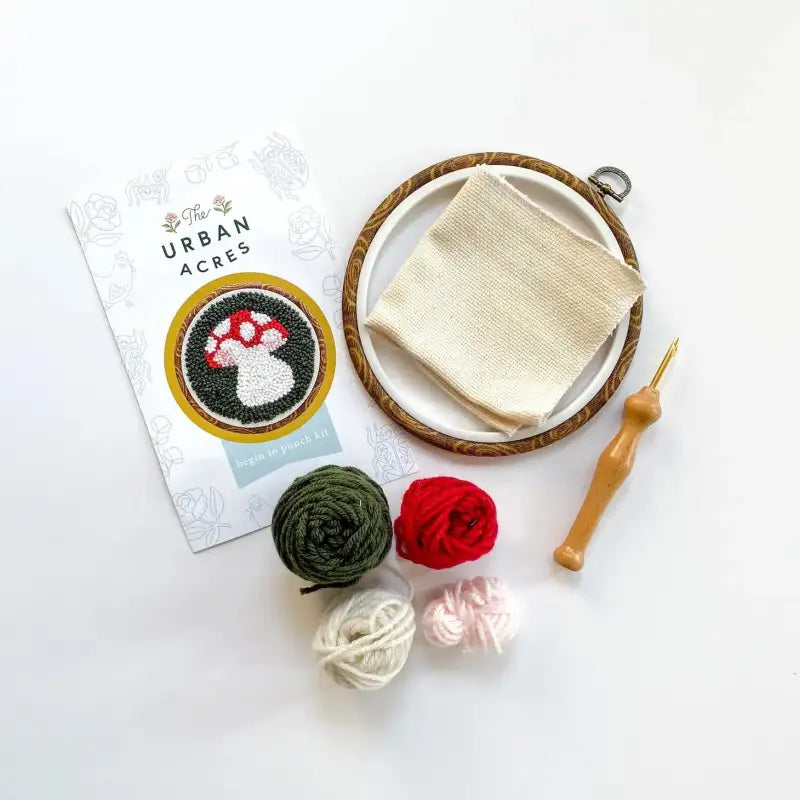 Embroidery kit with hoop, fabric, and yarn on a white background