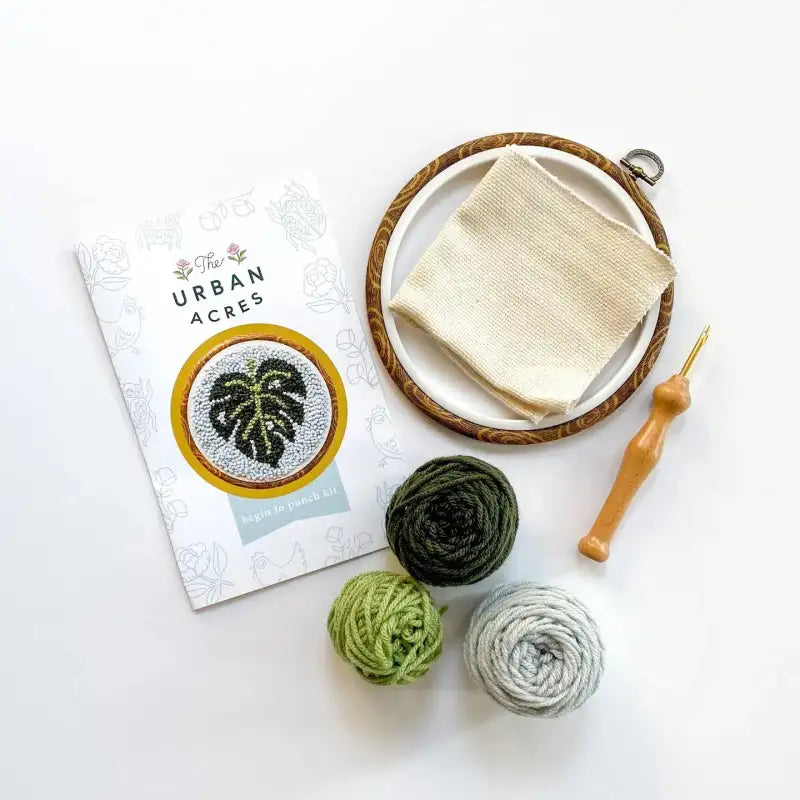 Knitting kit with yarn, needle, and pattern book on a white background