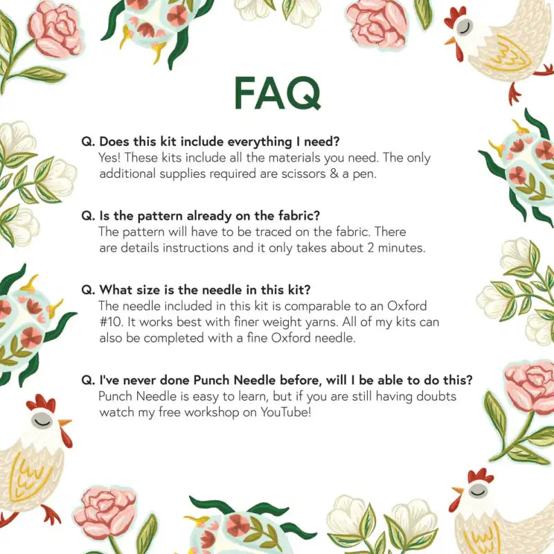 FAQ section with floral and chicken illustrations on a white background