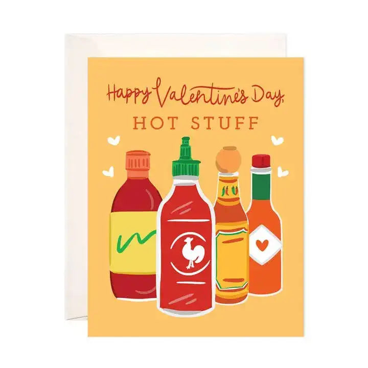 Valentine's Day card with hot sauce bottles and text 'Happy Valentine's Day HOT STUFF' on a yellow background.
