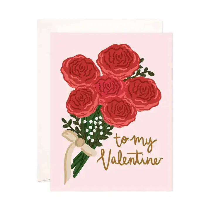 Valentine's Day card with red roses and 'to my Valentine' text on a pink background