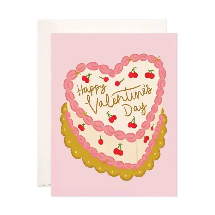 Valentine's Day card with a heart-shaped cake design and 'Happy Valentine's Day' text.